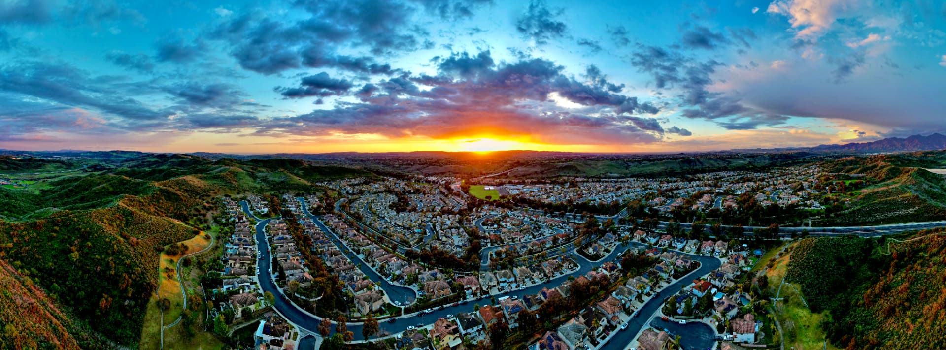 Aerial view of the Las Flores community in South Orange County at sunset